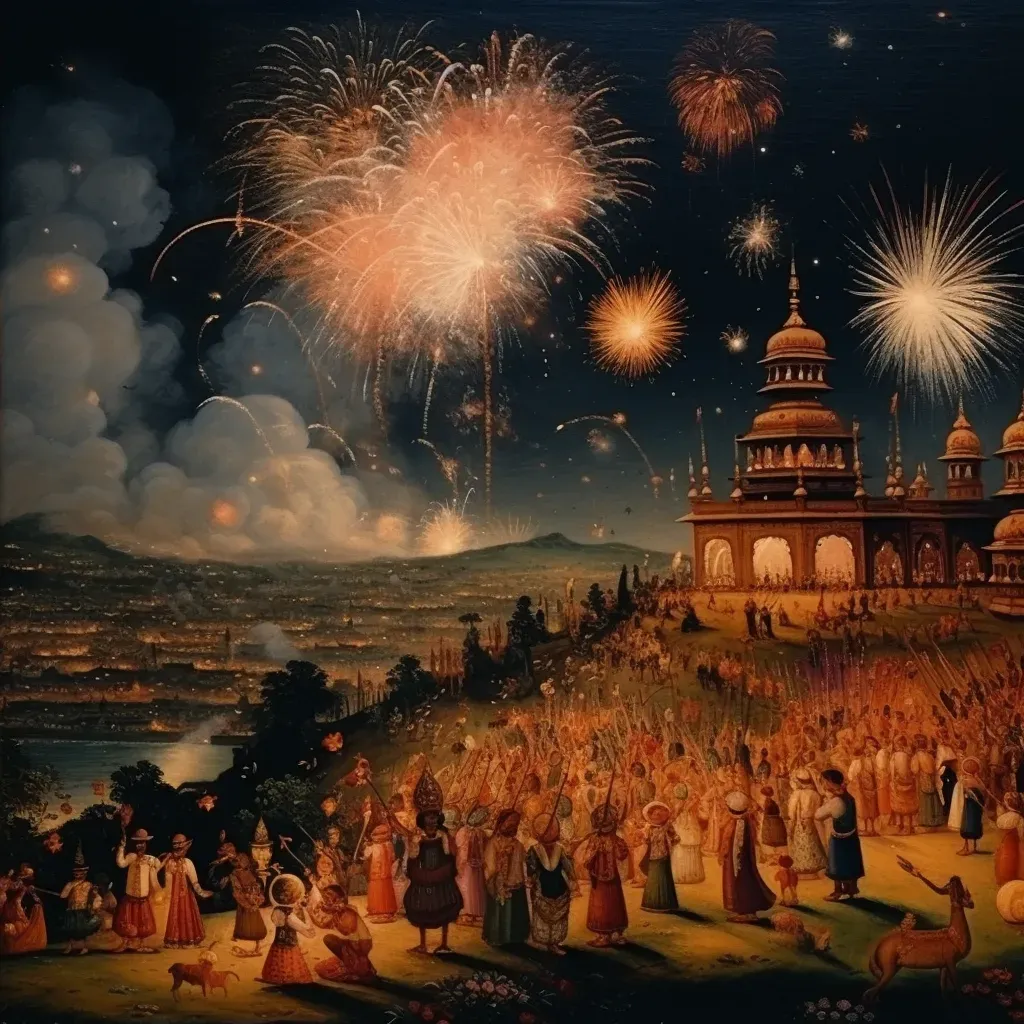 Image of a festive Diwali celebration with diyas, rangoli, and fireworks - Image 2