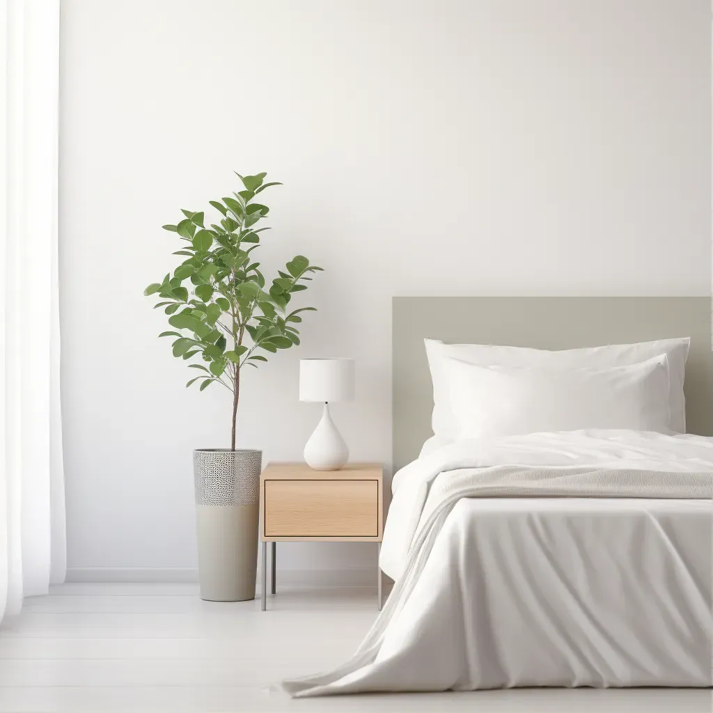 Green plant in minimalist white bedroom - Image 1