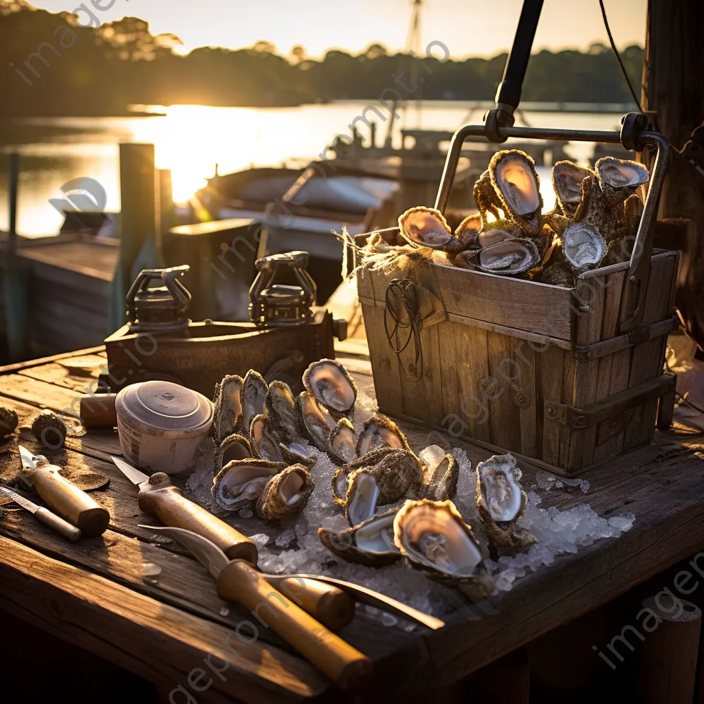 Oyster farming tools on a weathered dock - Image 2