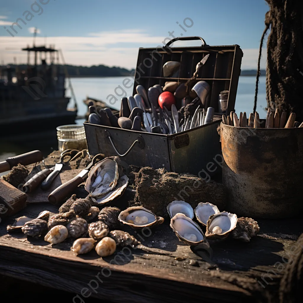 Oyster farming tools on a weathered dock - Image 4