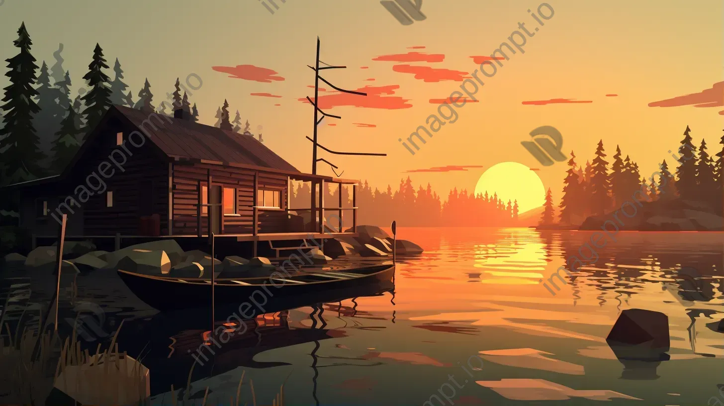 Peaceful low poly sunset at a lakeside cabin - Image 1