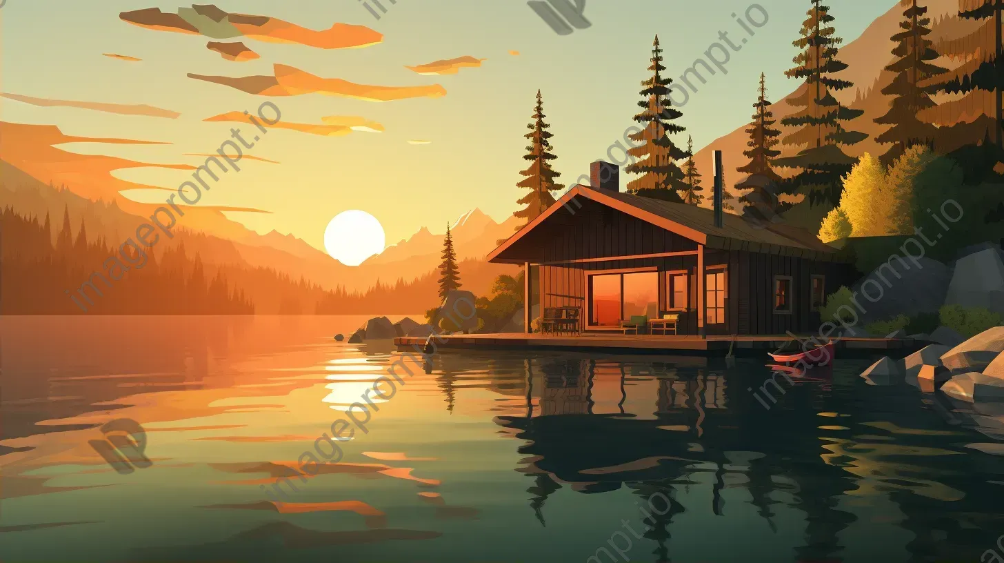 Peaceful low poly sunset at a lakeside cabin - Image 2