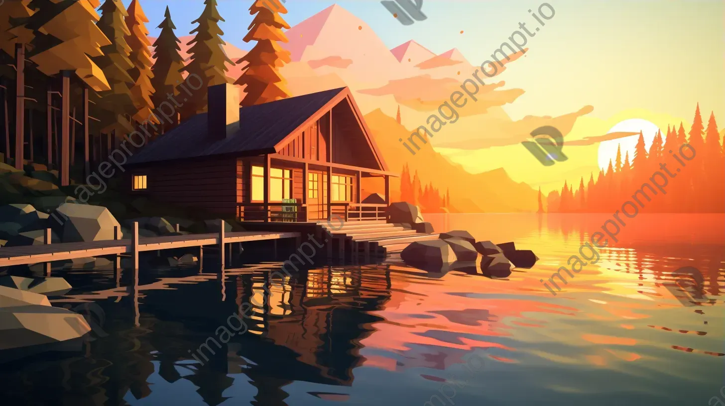 Peaceful low poly sunset at a lakeside cabin - Image 3