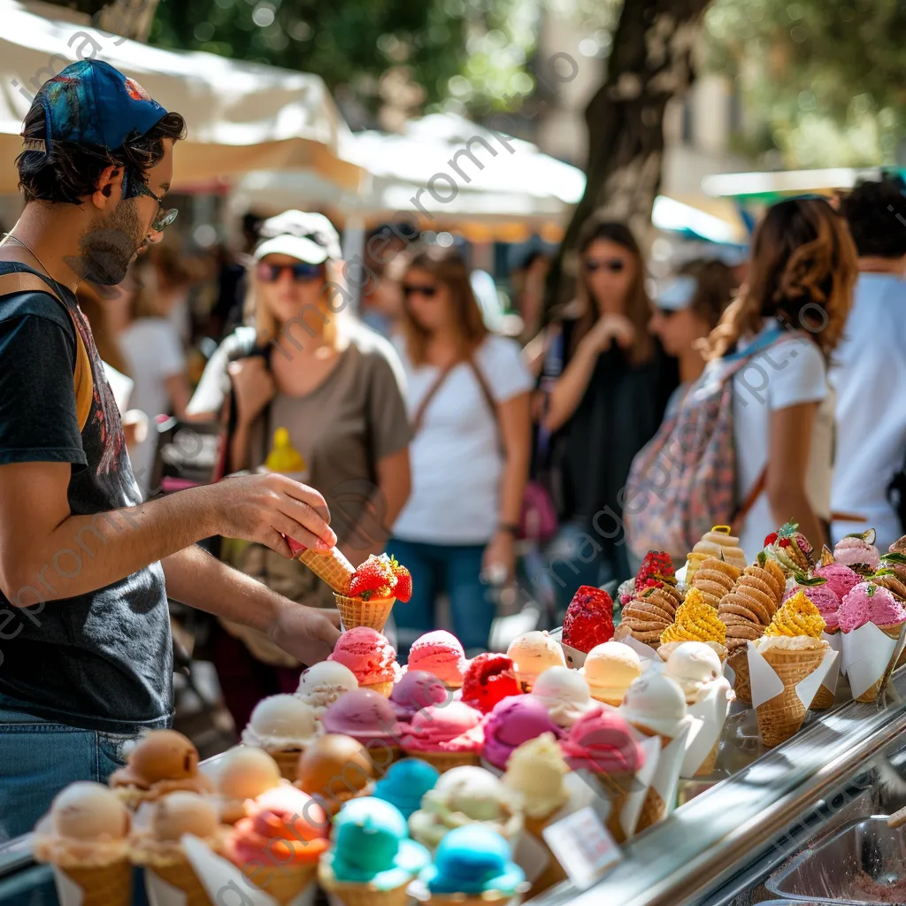 Artisan gelato vendor scooping gelato into cones at a local festival. - Image 2