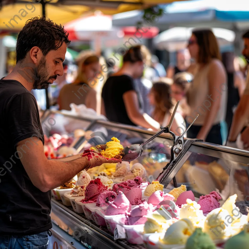 Artisan gelato vendor scooping gelato into cones at a local festival. - Image 3