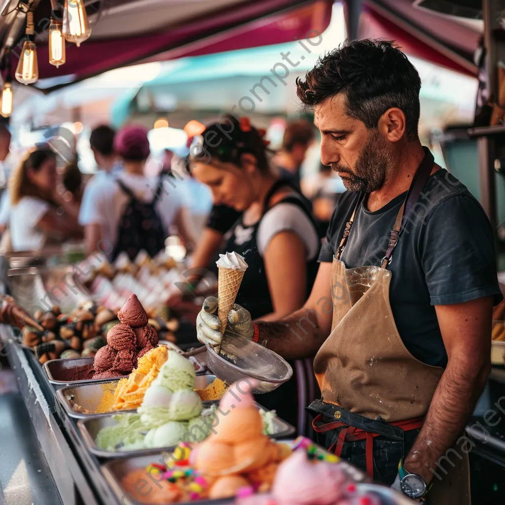 Artisan gelato vendor scooping gelato into cones at a local festival. - Image 4