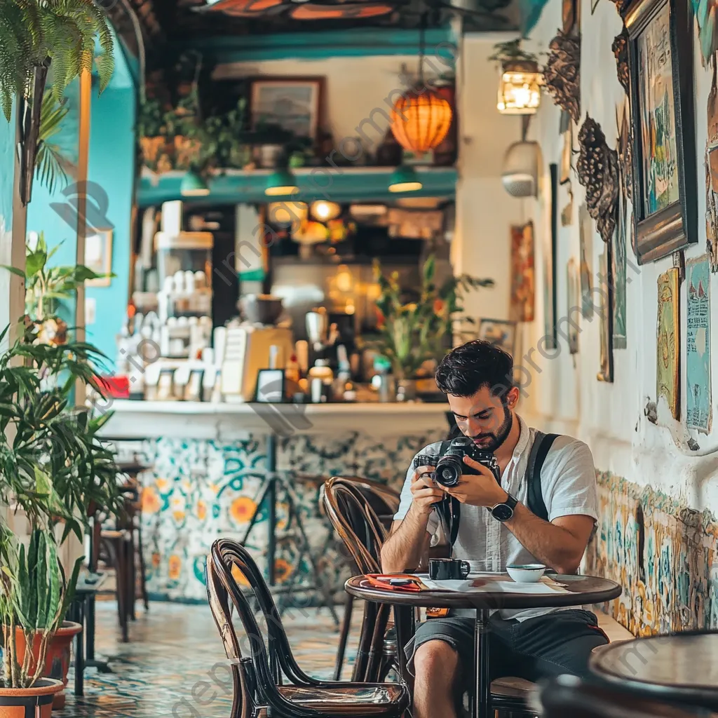 Digital nomad writing notes in a colorful café - Image 2