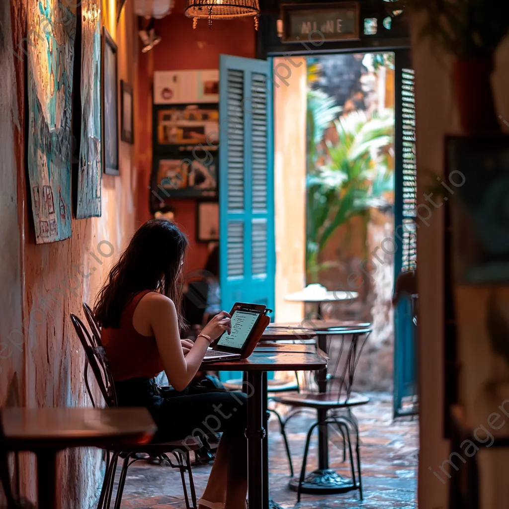 Digital nomad writing notes in a colorful café - Image 3