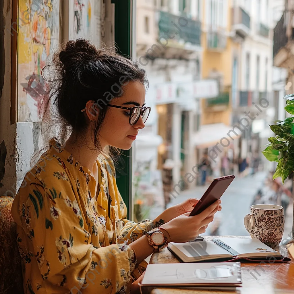 Digital nomad writing notes in a colorful café - Image 4