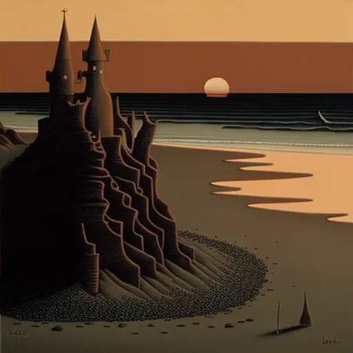 Picture of a tranquil beach scene at sundown with a sandcastle being washed away - Image 2