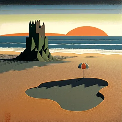 Picture of a tranquil beach scene at sundown with a sandcastle being washed away - Image 3