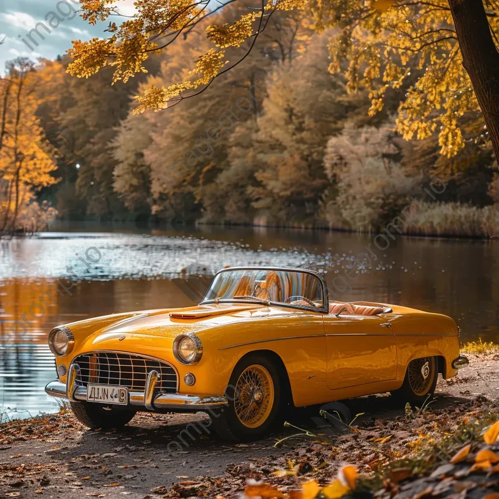 Classic yellow vintage car by serene lake with autumn foliage - Image 1