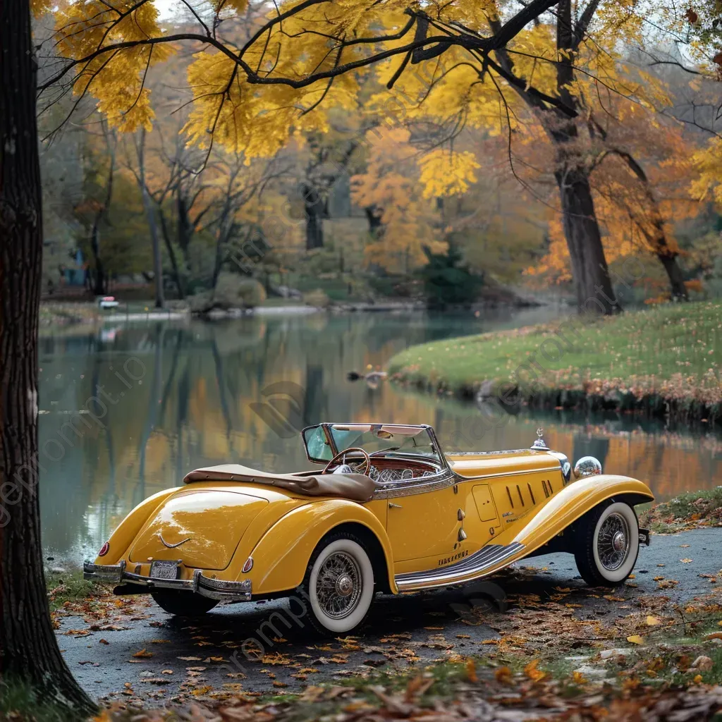 Classic yellow vintage car by serene lake with autumn foliage - Image 2