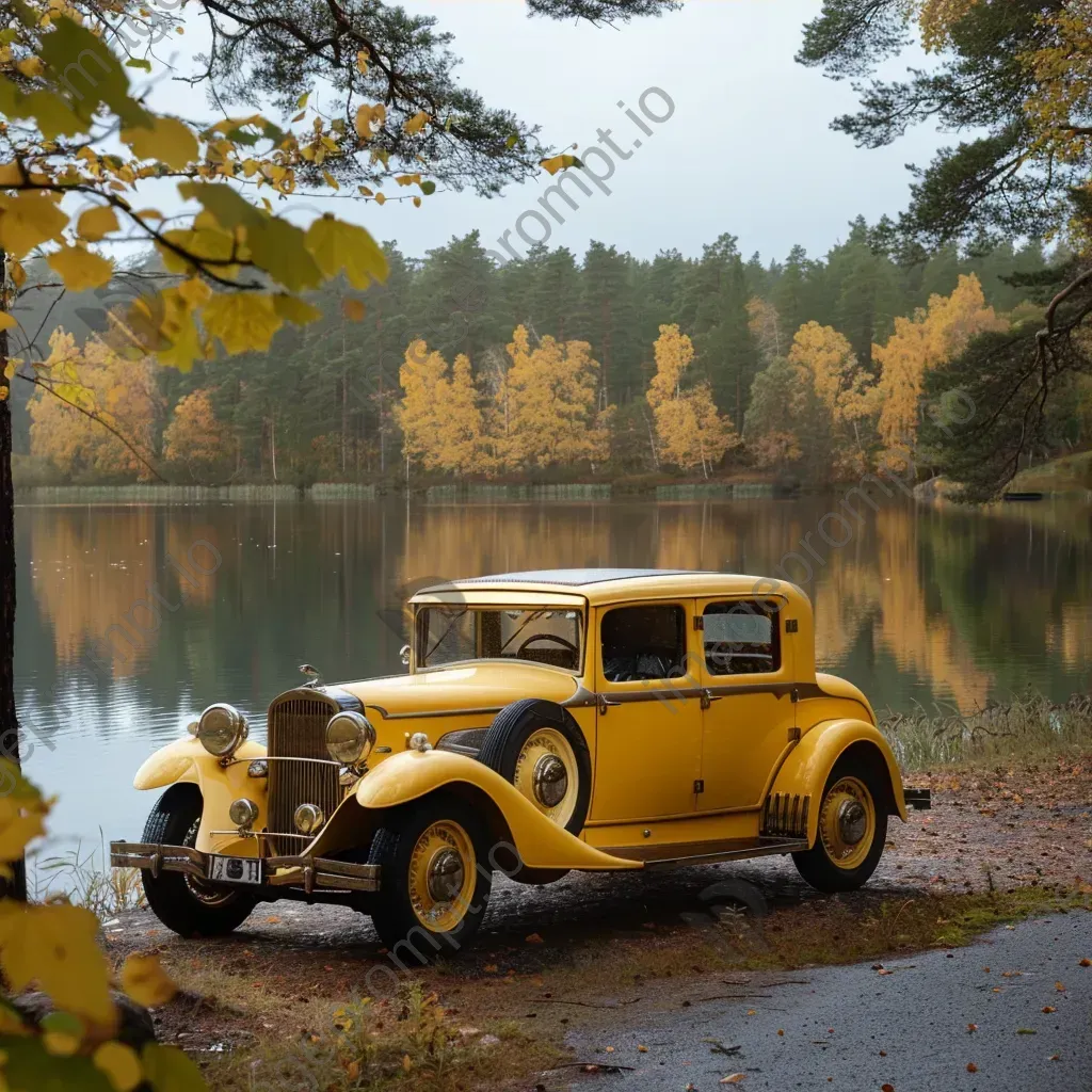 Classic yellow vintage car by serene lake with autumn foliage - Image 3