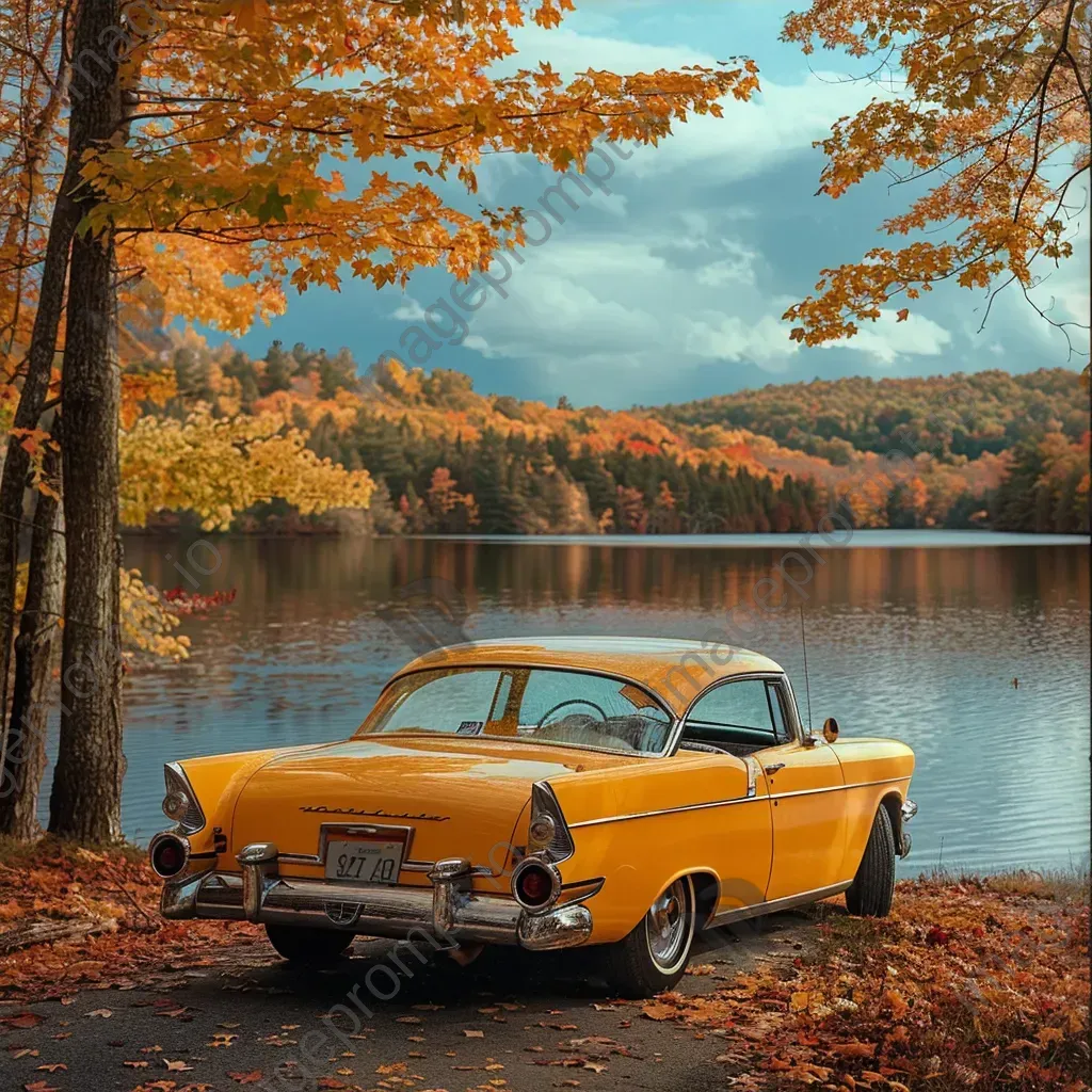 Classic yellow vintage car by serene lake with autumn foliage - Image 4