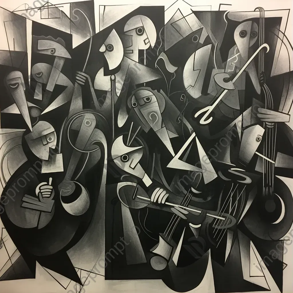 Charcoal drawing illustrating the rhythmic dynamics of a jazz band - Image 1