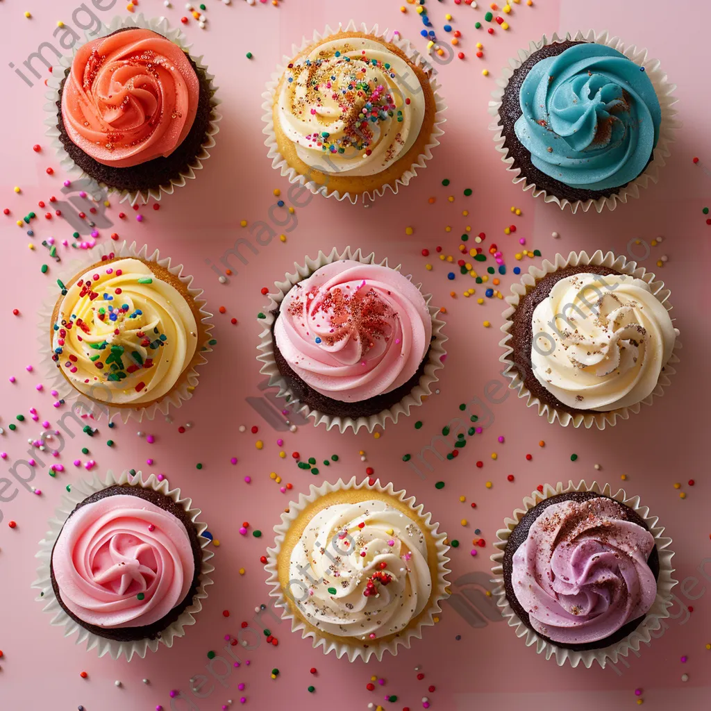 Overhead shot of assorted colorful cupcakes - Image 1