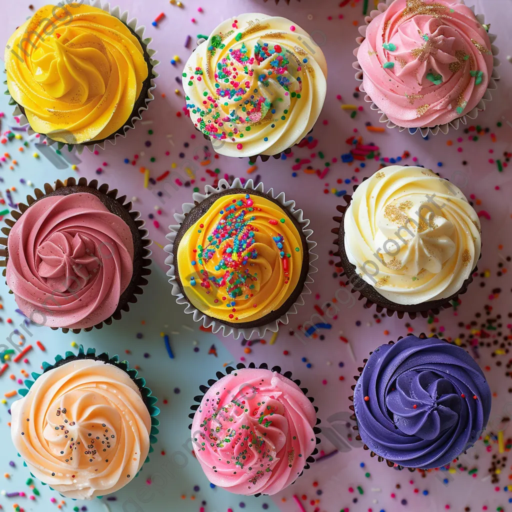 Overhead shot of assorted colorful cupcakes - Image 2