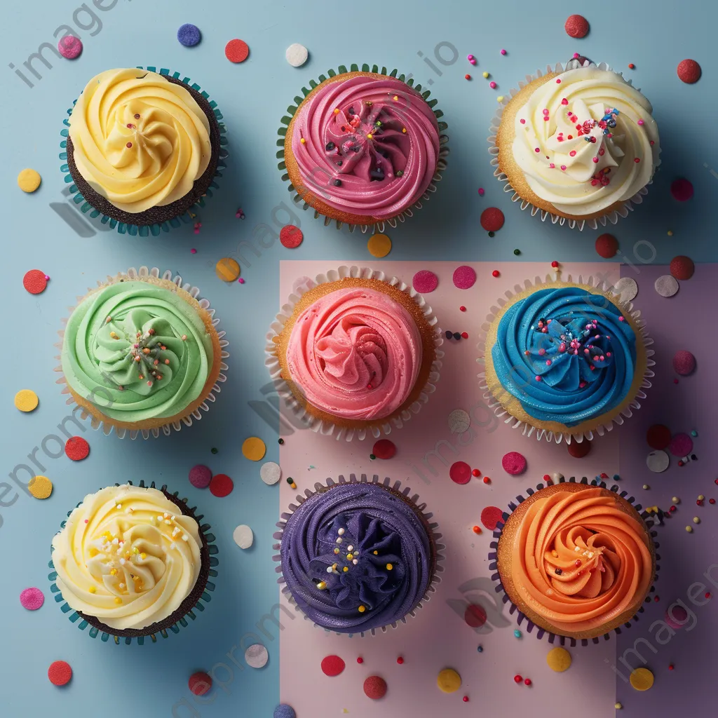 Overhead shot of assorted colorful cupcakes - Image 3