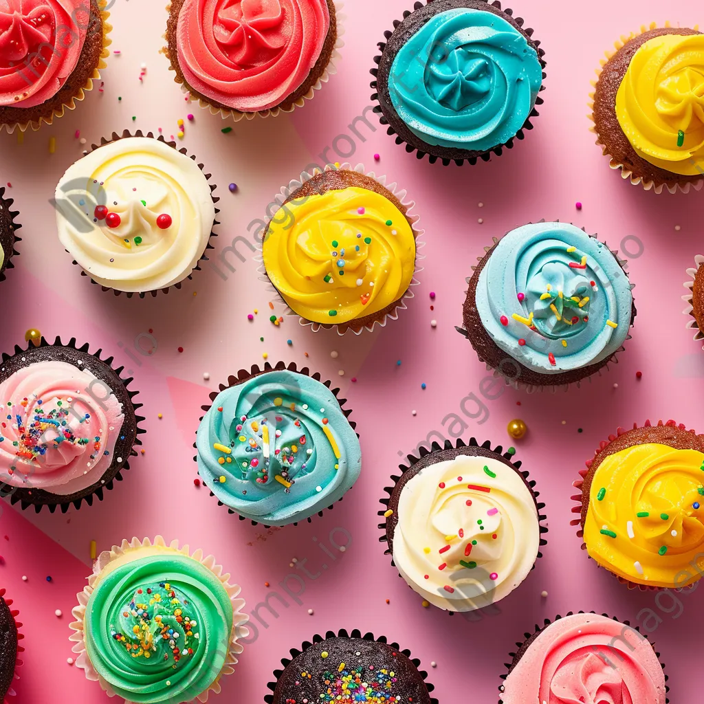 Overhead shot of assorted colorful cupcakes - Image 4