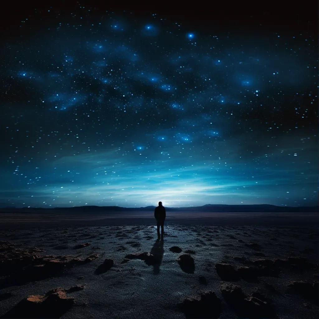 Solitary explorer standing on a barren, alien landscape under a sky filled with unfamiliar constellations in an image generated by a prompt. - Image 1