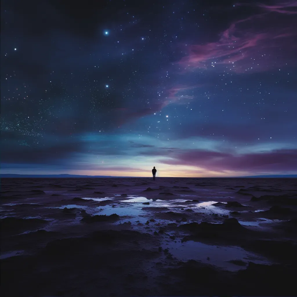 Solitary explorer standing on a barren, alien landscape under a sky filled with unfamiliar constellations in an image generated by a prompt. - Image 2