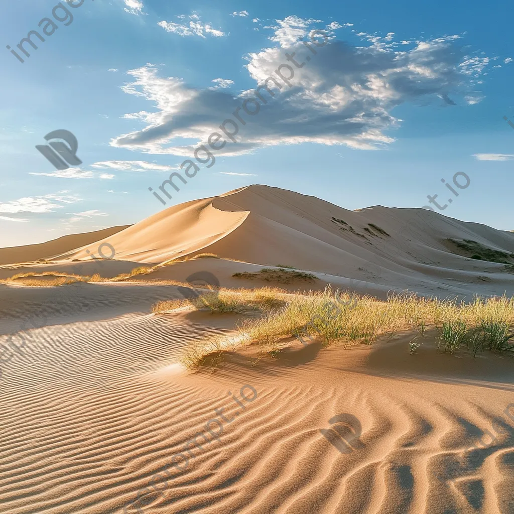 Expansive view of wind-sculpted sand dunes with grass - Image 1