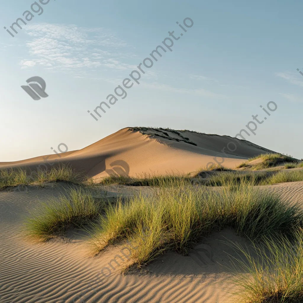 Expansive view of wind-sculpted sand dunes with grass - Image 2