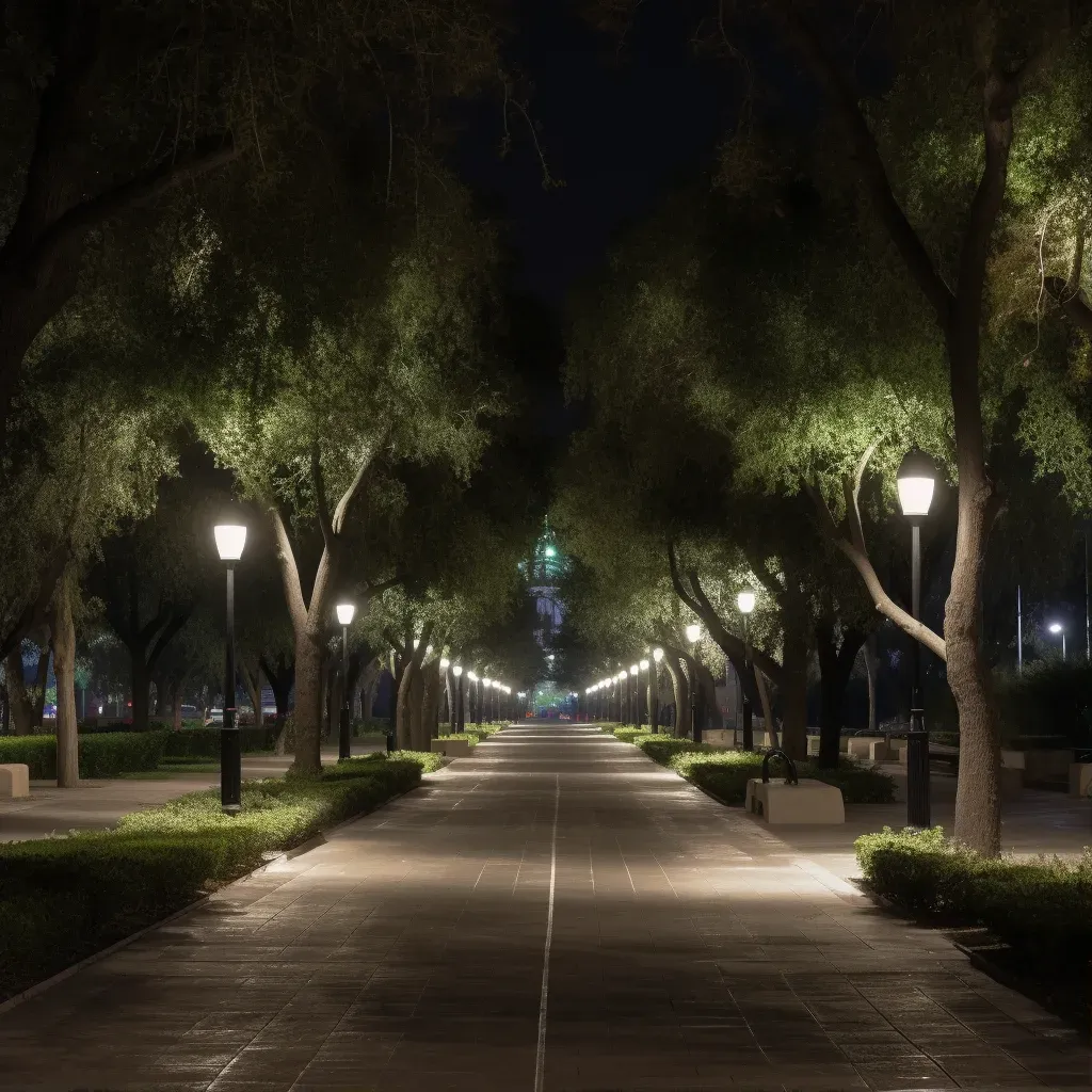 Serene urban park at night with gentle lamppost lighting - Image 1