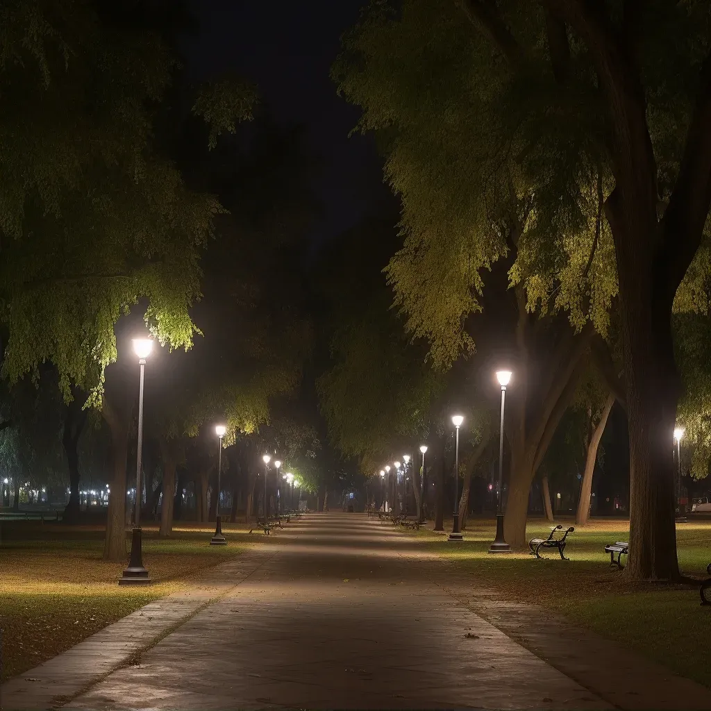 Serene urban park at night with gentle lamppost lighting - Image 2