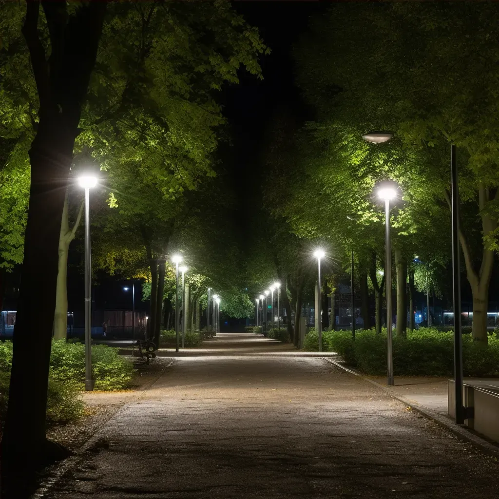 Serene urban park at night with gentle lamppost lighting - Image 4