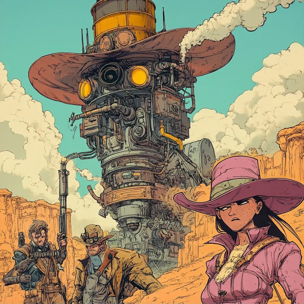 Vibrant comic art of a western steampunk showdown - Image 2