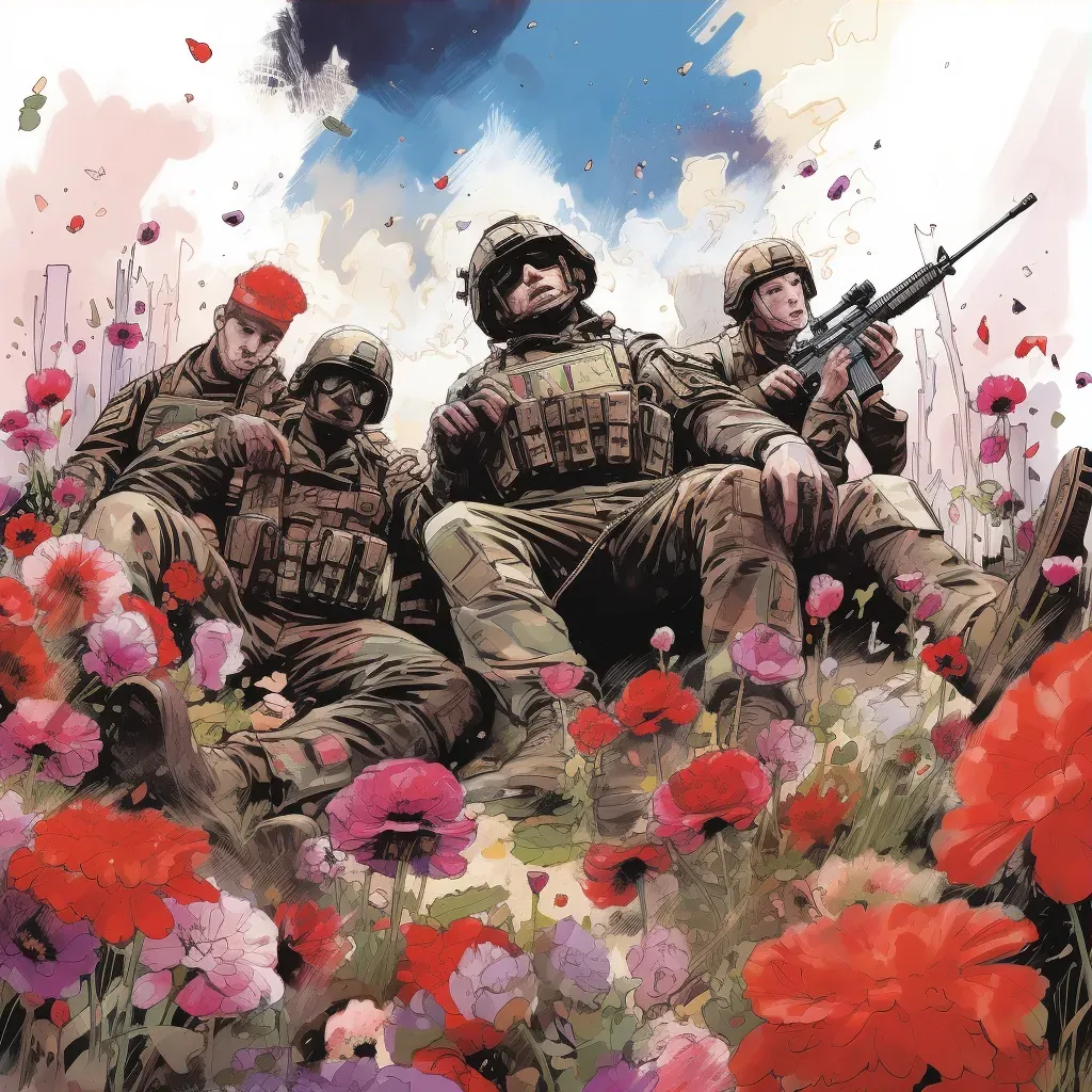 Illustration of soldiers in a moment of ceasefire among blooming flowers, symbolizing peace - Image 3