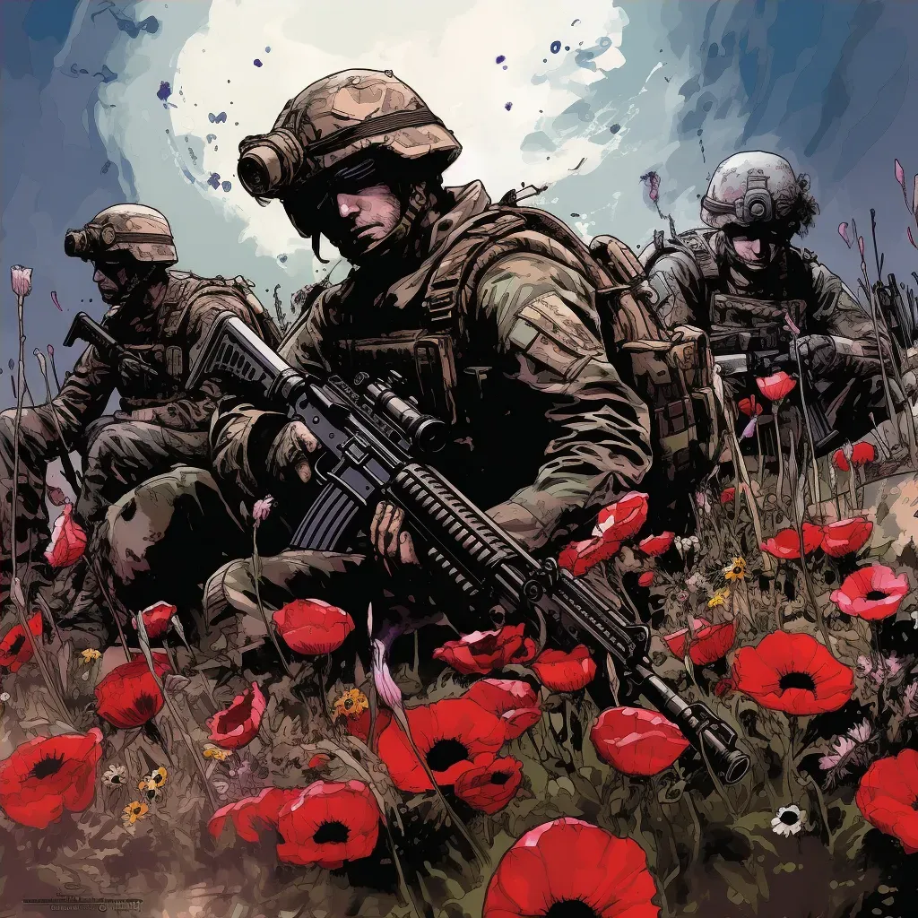 Illustration of soldiers in a moment of ceasefire among blooming flowers, symbolizing peace - Image 4