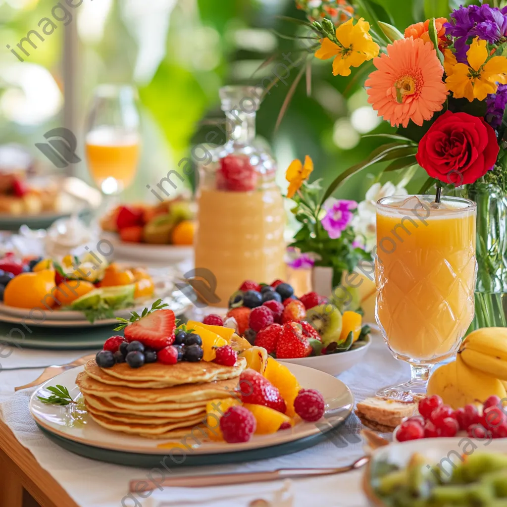 Brightly set table for festive brunch with pancakes and fruits - Image 1