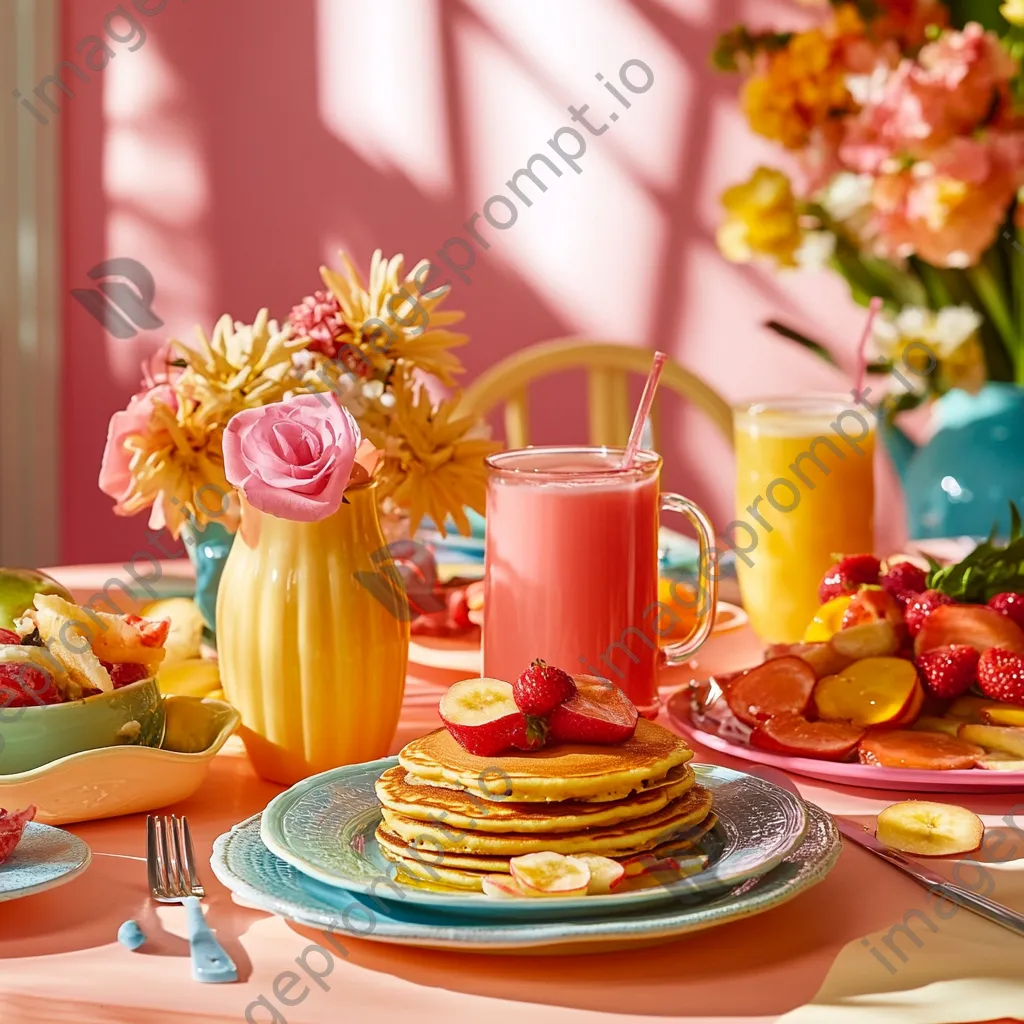 Brightly set table for festive brunch with pancakes and fruits - Image 4