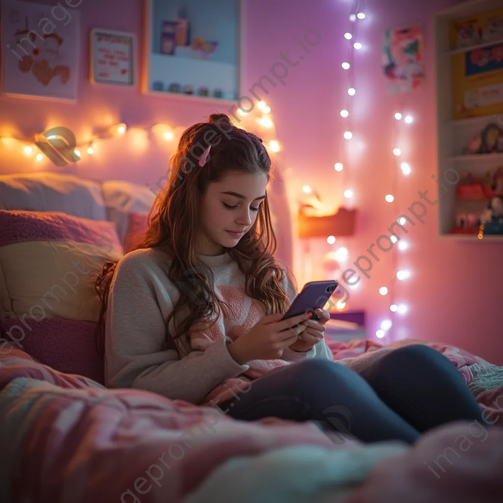 A teen girl shopping on her smartphone in a colorful bedroom with fairy lights. - Image 2