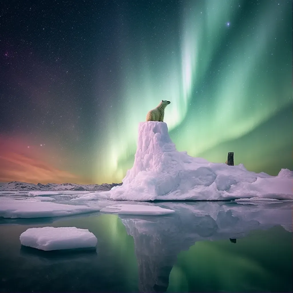 Arctic seascape with a polar bear standing on a floating iceberg under the aurora borealis - Image 1