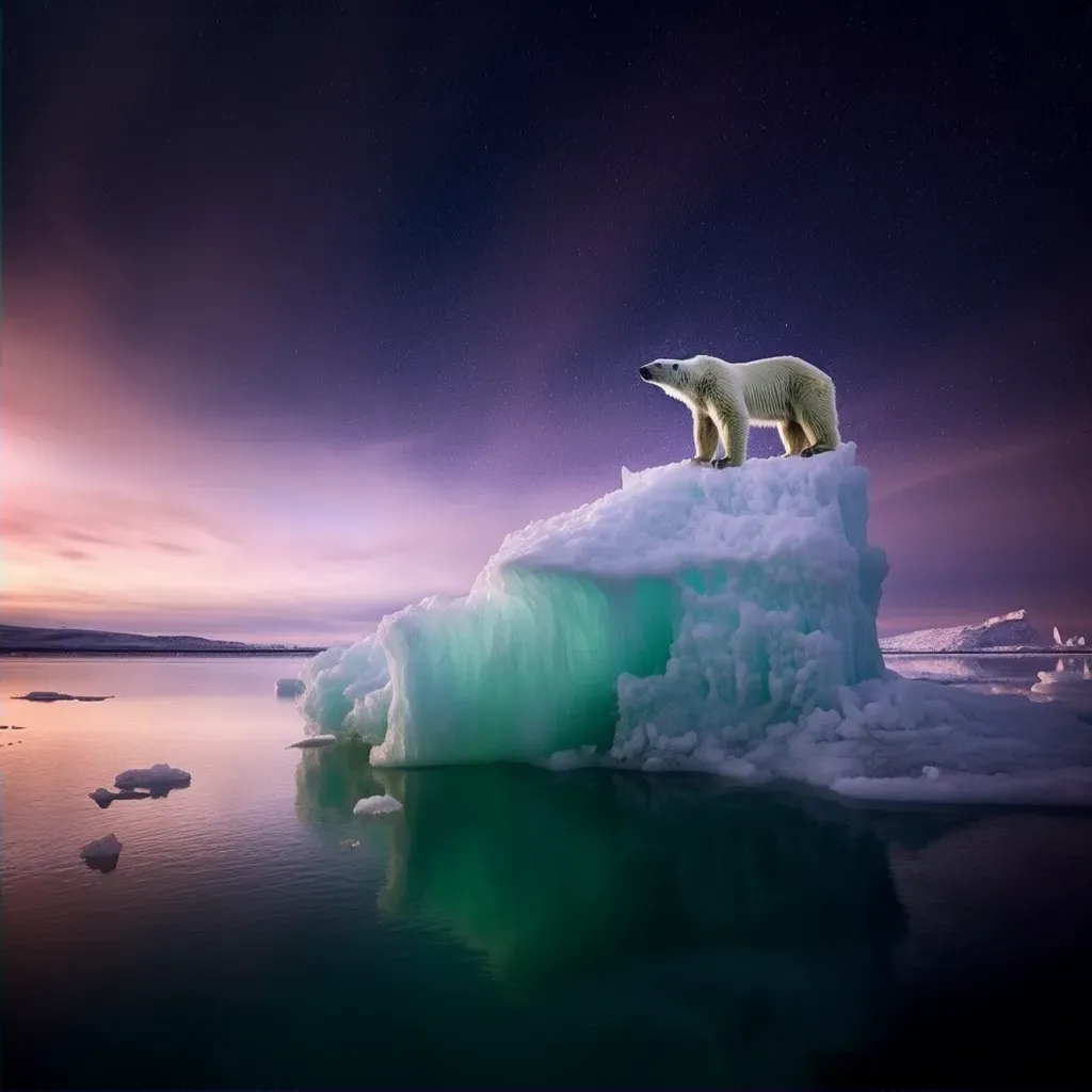 Arctic seascape with a polar bear standing on a floating iceberg under the aurora borealis - Image 2