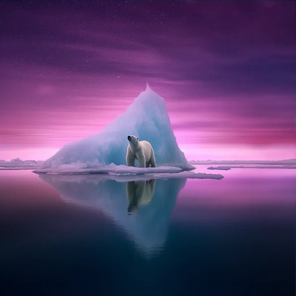 Arctic seascape with a polar bear standing on a floating iceberg under the aurora borealis - Image 3