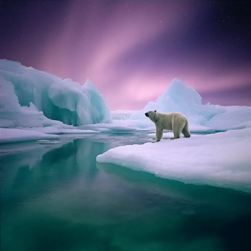 Arctic seascape with a polar bear standing on a floating iceberg under the aurora borealis - Image 4