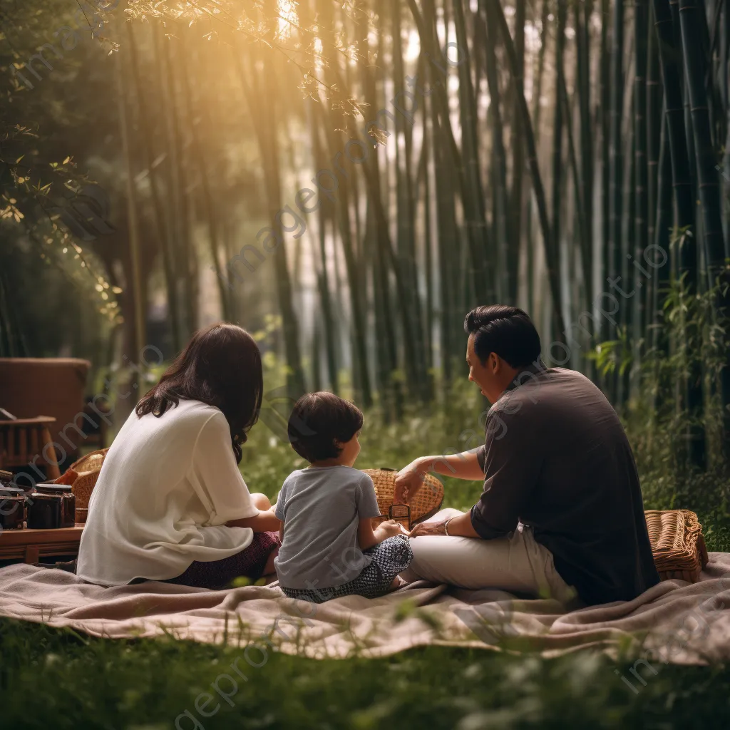 Family picnic surrounded by bamboo - Image 1