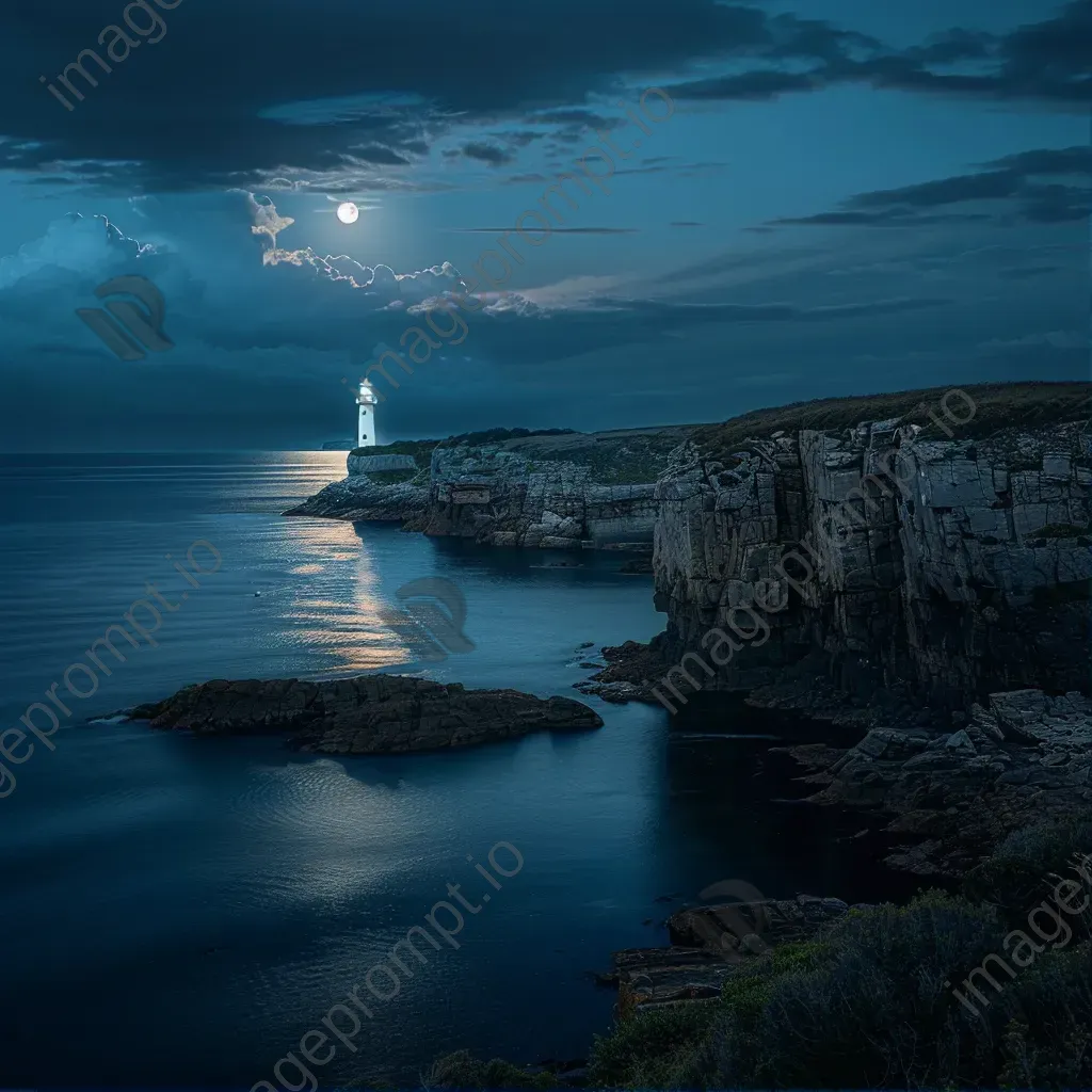 Moonlit lighthouse on coastal cliffs in a tranquil marine scene - Image 1