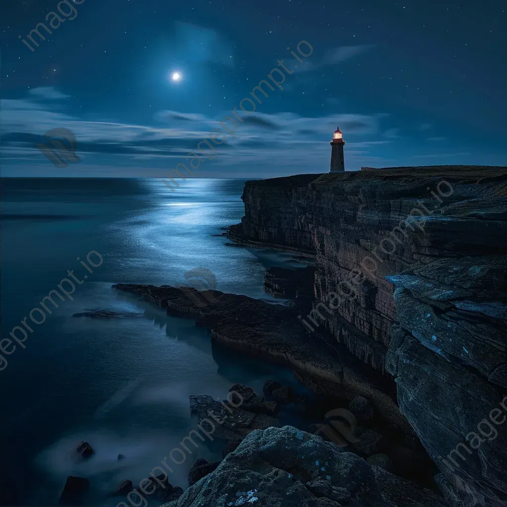 Moonlit lighthouse on coastal cliffs in a tranquil marine scene - Image 2