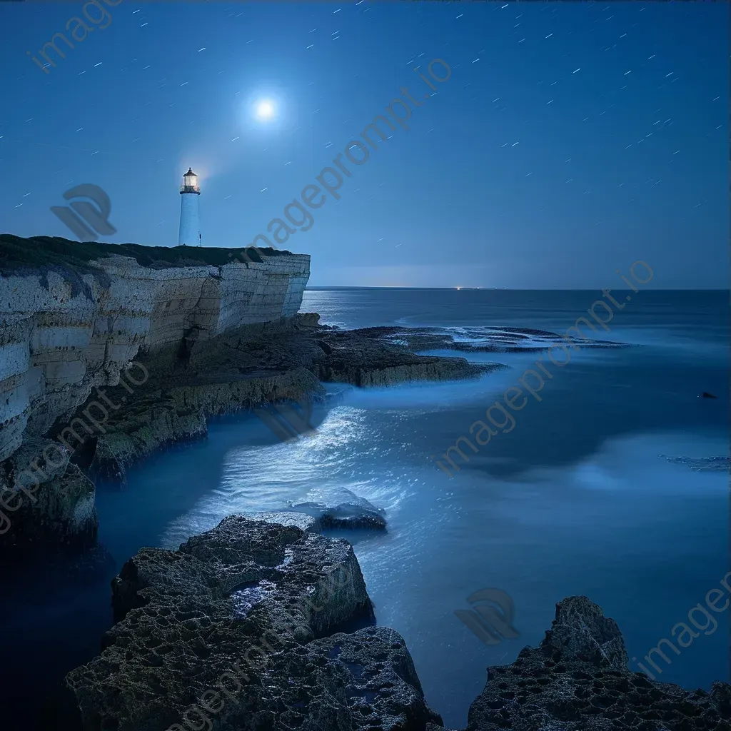 Moonlit lighthouse on coastal cliffs in a tranquil marine scene - Image 3