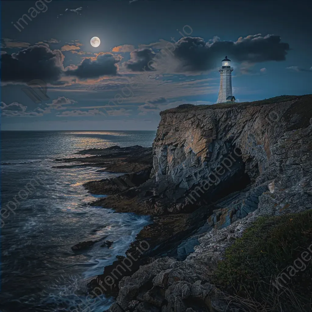 Moonlit lighthouse on coastal cliffs in a tranquil marine scene - Image 4