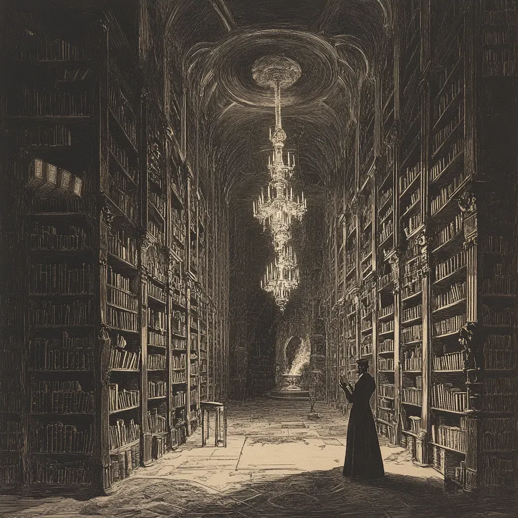 Copperplate etched depiction of a grand library holding infinite dream records, lit by mystical lanterns - Image 4