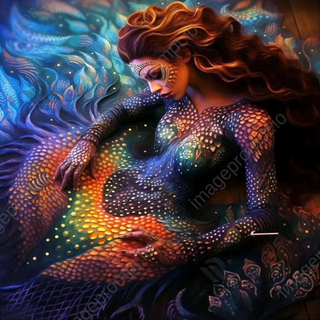 Ethereal mermaid with intricate scale body paint in a blend of pointillism and Art Nouveau - Image 1