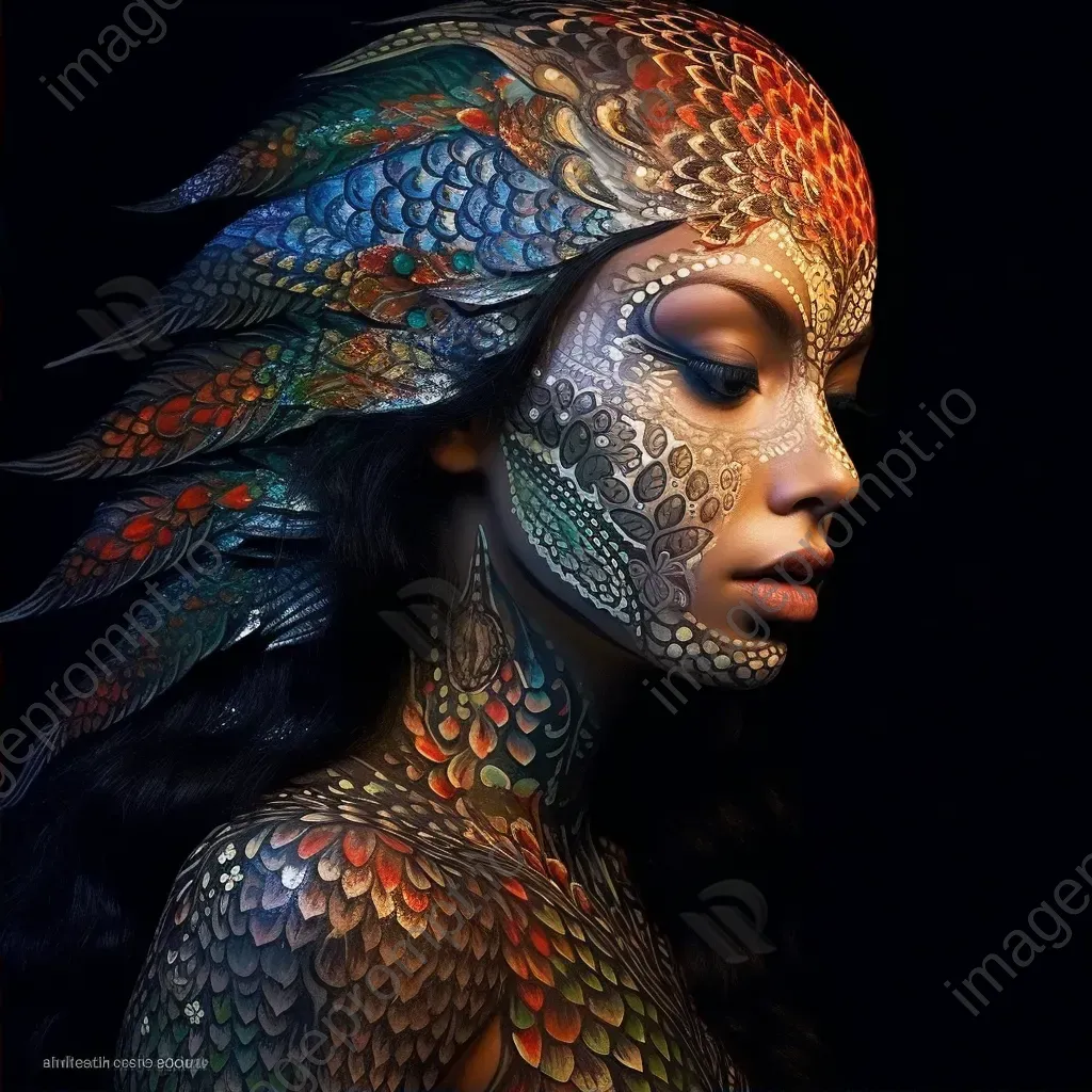 Ethereal mermaid with intricate scale body paint in a blend of pointillism and Art Nouveau - Image 2