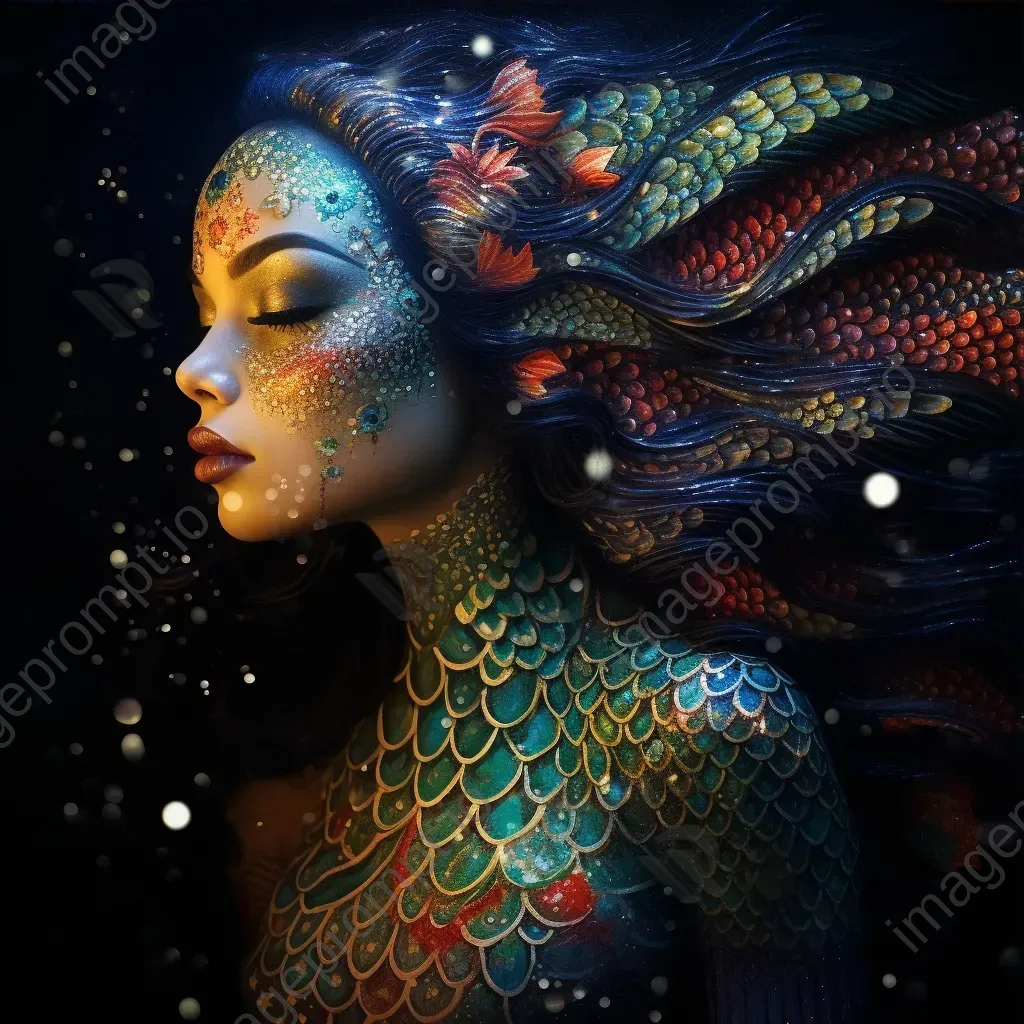 Ethereal mermaid with intricate scale body paint in a blend of pointillism and Art Nouveau - Image 3